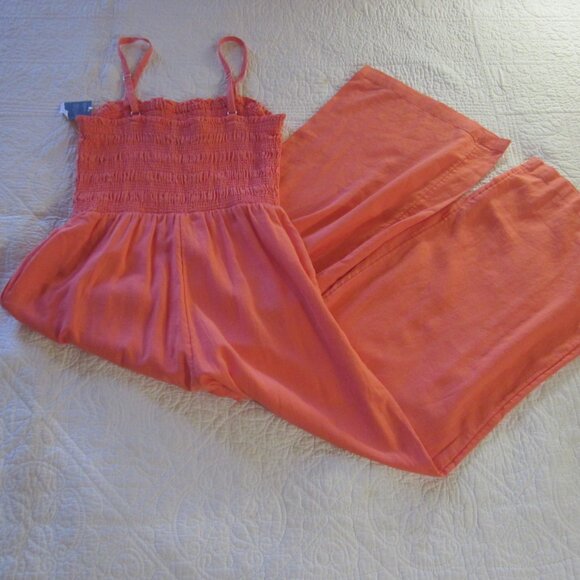 Universal Thread Jumpsuit S Coral/Orange Smocked Linen Blend Pockets - Picture 7 of 8